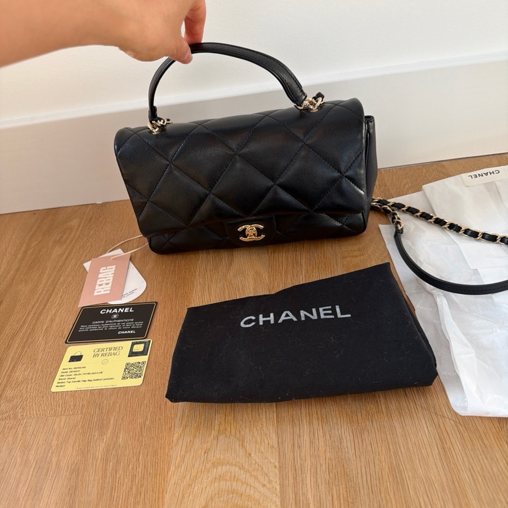 Chanel Black Easy Carry Quilted Leather Top Handle Flap Bag Medium